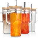 24Oz Ribbed Glass Tumblers with Lids and Straws, Glass Tumbler with Handle, Vintage Glass Cups Thick Drinking Glasses Set of 4, Ideal for Iced Coffee, Smoothies, Cocktails, Tea and Juices