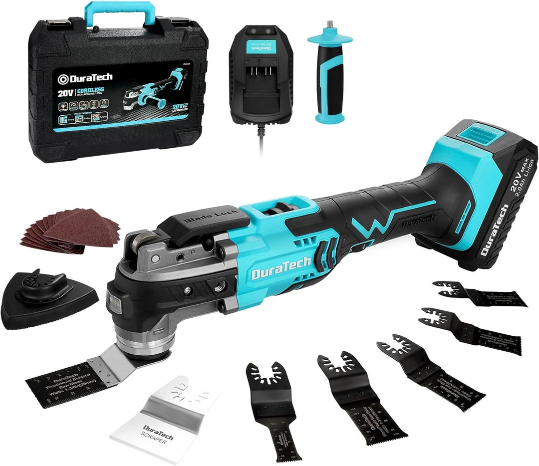 DURATECH 20V Cordless Oscillating Multi-Tool Kit with 6 Variable Speeds, 3 Oscillation Angle, 24PCS Accessories, 2.0Ah Battery, Charger & Carrying Case, for Cutting, Scraping, Sanding
