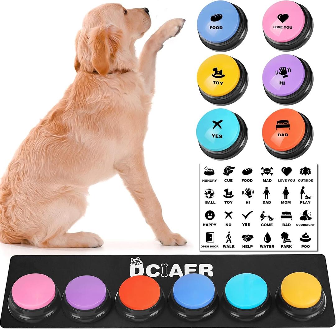 Dog Buttons for Communication,Talking Buttons for Dogs,6 Recordable Sound Buttons + 24 Scene Patterns + 1 Dog Button Mat+ 12 AAA Batteries30 Seconds Dog Buttons for Pet Sound Training Toy