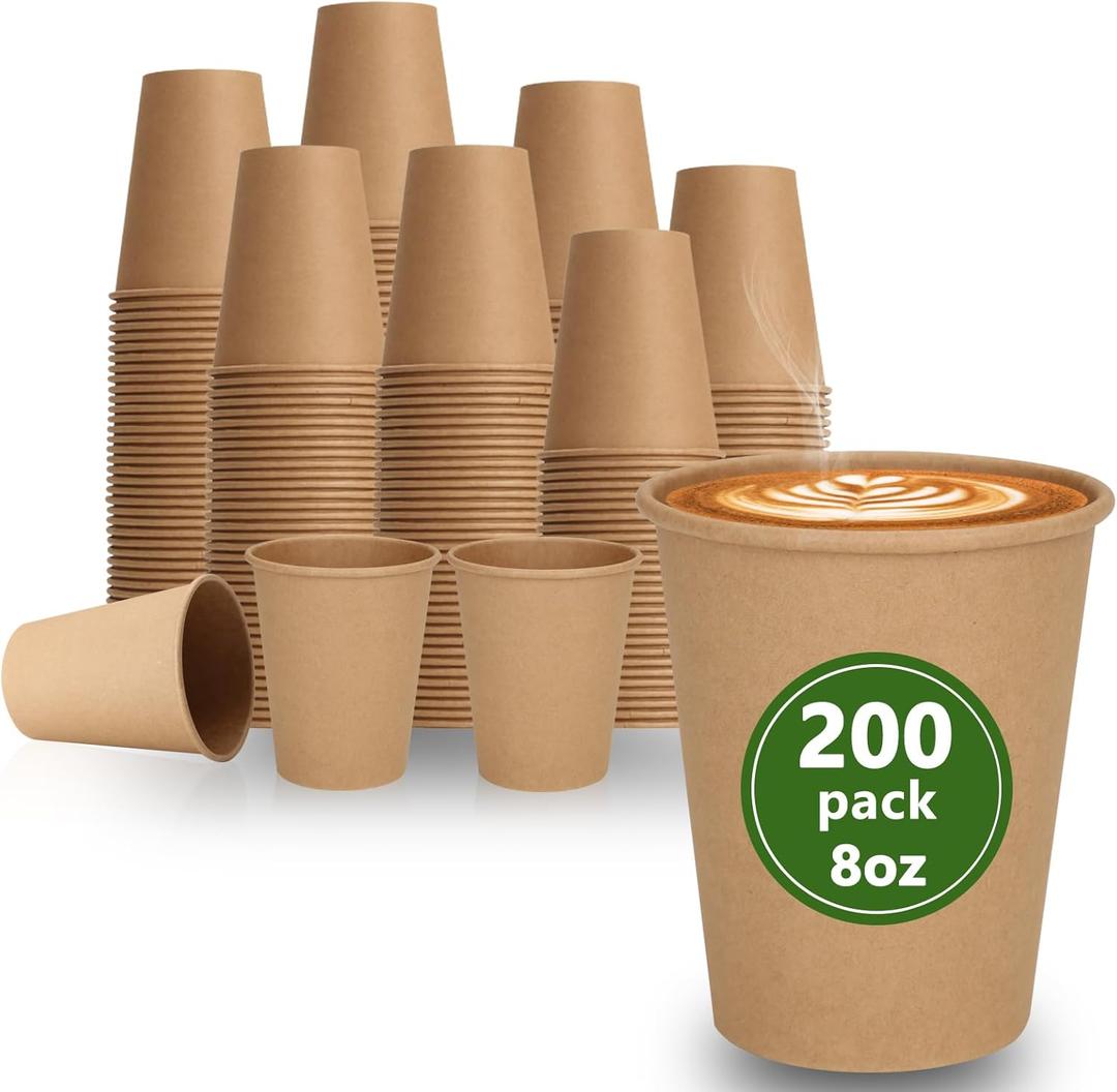 200 Pack 8 Oz Brown Disposable Paper Coffee Cups, Durable Leak-Proof Kraft Paper Cups for Hot/Cold Drinks, Unbleached Paper Cups for Home, Office, Party, Cafes, Events
