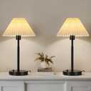 Bedside Table Lamp Set of 2: Dimmable Nightstand Bedside Lamps with USB A and C Ports, Modern Metal and Pleated Fabric Shade Black Desk Lamp for Bedroom Living Room Home Office Reading