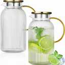 Glass Pitcher with Lid, 2Pcs Elegant Heat Resistant Cold 2 Lite Brew Pitchers for Fridge Hot Cold Water Coffee Milk Lemonade BeverageVertical StripesLemonade Beverage