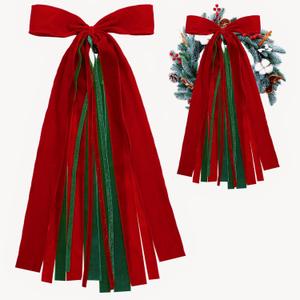 Large Red Velvet Christmas Ribbon Bow Sash for Wreath 12" x 24" Classic Xmas Tree Topper Bow Ribbons Bundle Giant Holiday Ornaments Decor for Winter Front Door Wall Window Indoor Outdoor (Red and Green)