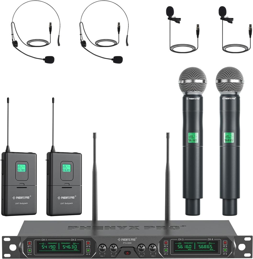 Phenyx Pro Wireless Microphone System, 4-Channel UHF Wireless Mic Set with Handheld/Bodypack/Headset/Lapel Mics, Fixed Frequency Metal Cordless Microphone for Church,Singing,DJ(PTU-5000-2H2B)