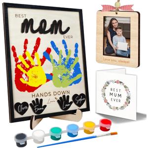 10" Hands Down Best Mom Ever Sign DIY Kids Gifts For Mom Handprint Kit with Acrylic Paints, Toddler Craft Birthday Gift Mother's Day Keepsake for Mum, Family Plaque with Daughter, Son Names HF90-M