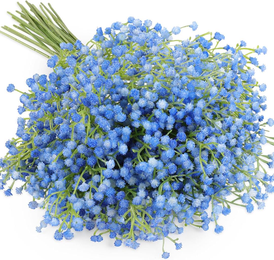 N&T NIETING Babys Breath Artificial Flowers Bulk, 10Pcs Blue Fake Gypsophila Bouquet Flowers Real Touch Faux Babies Breath Arrangement for Wedding Floral Party Home Centerpieces Vase Decoration, Blue