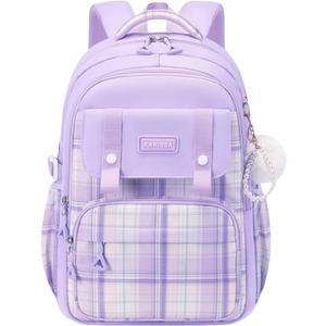 Cute Backpack for Girls, Large Capacity Kids Bookbag for Elementary Middle School Students Waterproof Kawaii Preppy Aesthetic Plaid Backpack Age 4-16 with Cute Accessories (Purple)