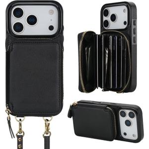 Bocasal Crossbody Wallet Case for iPhone 17 Pro, RFID Blocking Leather Purse Case with Card Holder, Protective Handbag Flip Cover with Zipper Wrist Strap Lanyard for Women 5G 6.3 Inch (Black)