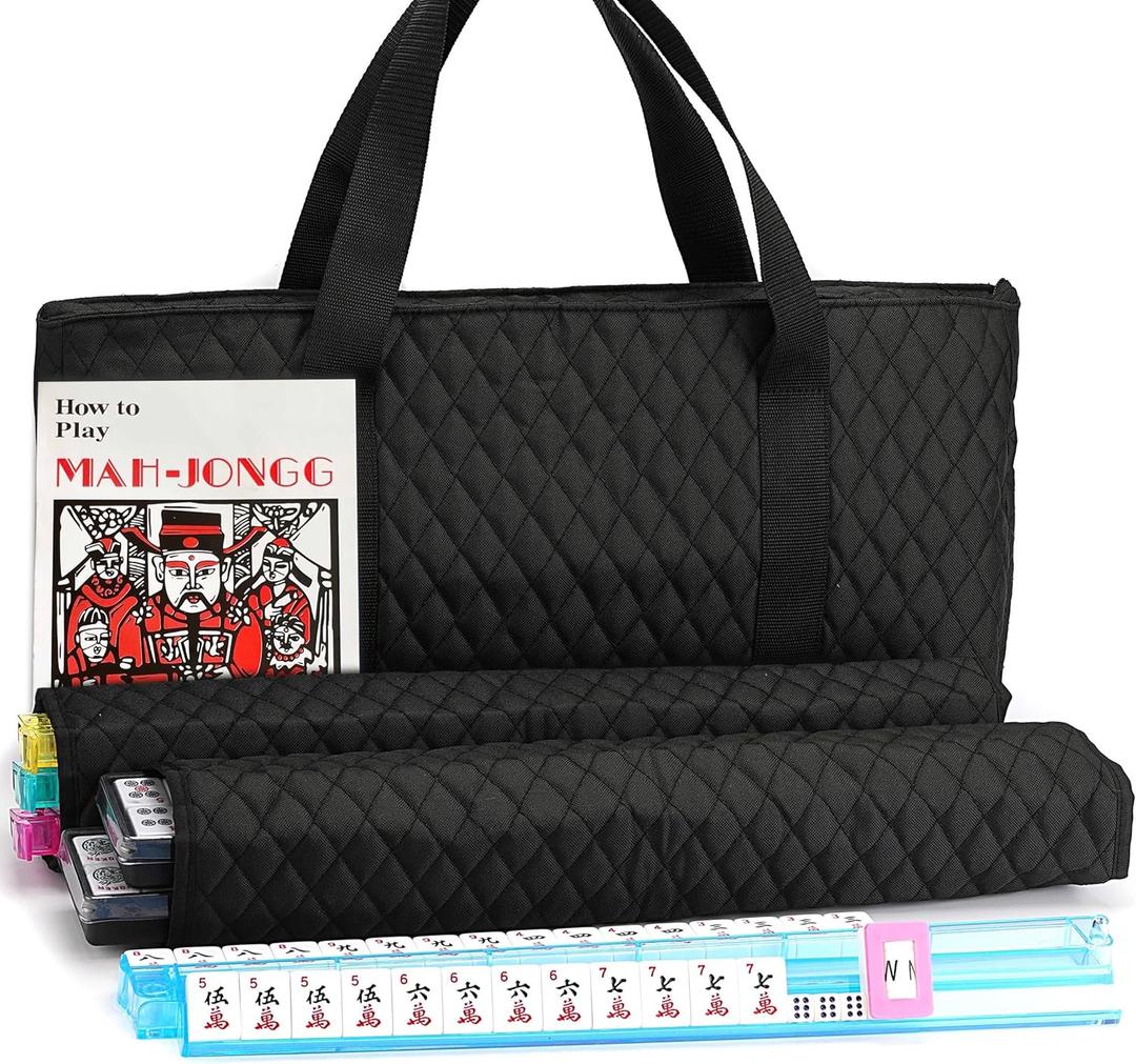 American Mahjong Game Set - Black Quilted Soft Bag 166 Premium Tiles with 4 All-in-One Rack/Pushers,100 Chips, Wind Indicator, English Manual. Easy Carry Complete Classic Mah-Jongg Set, 20 inches x 9 inches x 5 inches