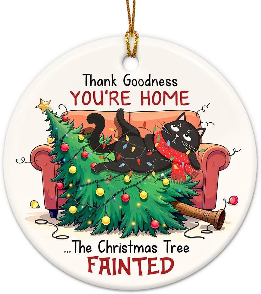 2 x Funny Cat Christmas Ornament 2025 - Black Cat Gifts for Women, Men, Friends, Family, Ceramic Pet Ornament for Christmas Tree, Animal Lover Gifts for Pet Mom, Sister, Holiday White Elephant Gift Idea