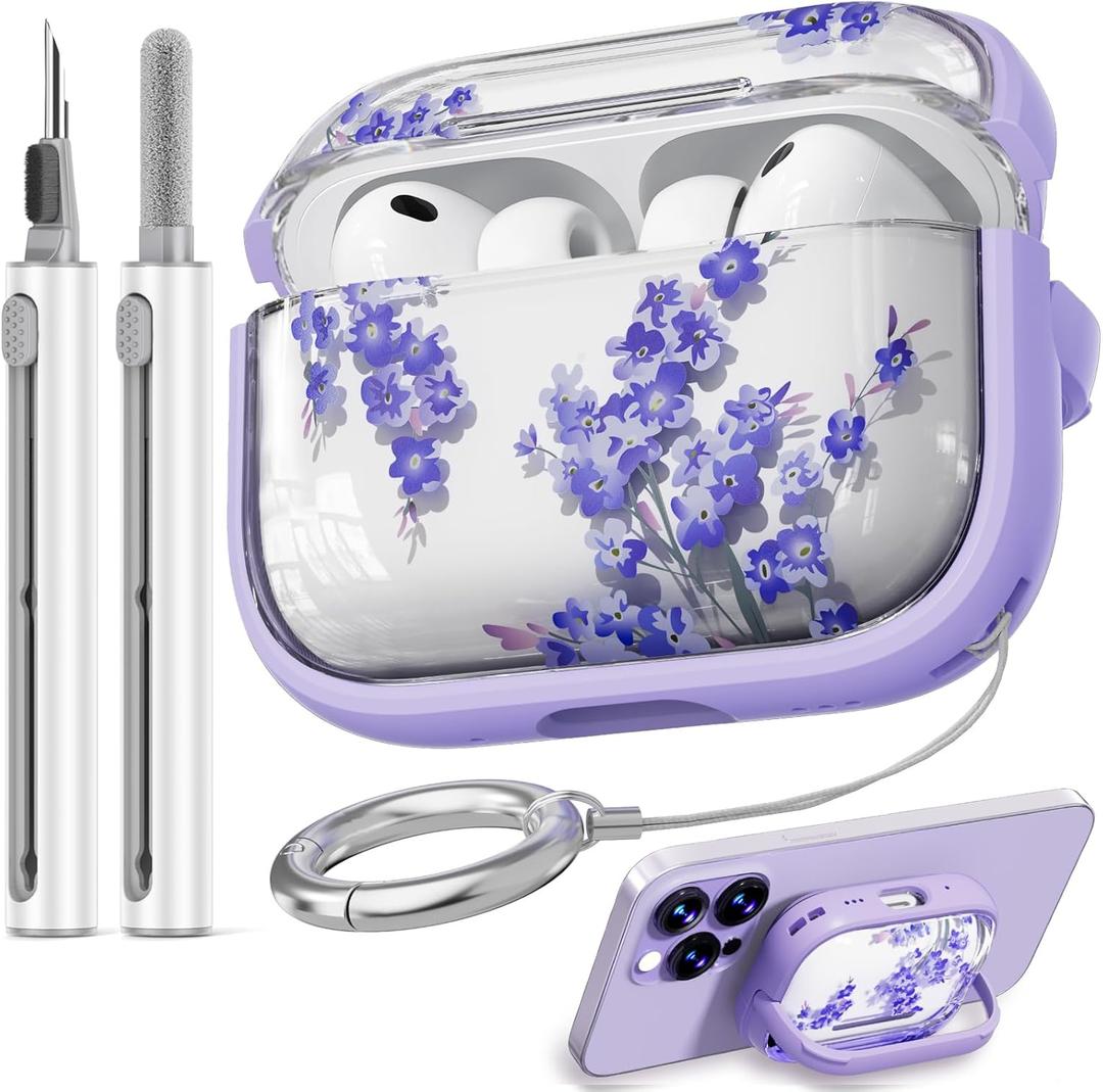 Inesore for AirPods Pro 3 Case 2025 with Lock, for Women Girly Floral Clear Case Compatible with Apple Airpods Pro 3rd Generation Cover, with Phone Stand,Keychain & Cleaner Kit -Purple Flower