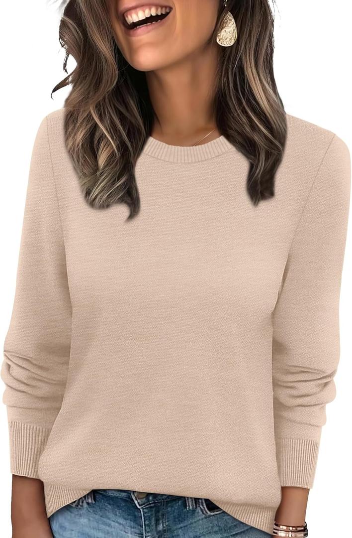 WIHOLL Sweaters for Women Lightweight Pullover Tops Long Sleeve Shirts Crewneck Fashion Clothing Fall Outfits 2026 (Large, Apricot)