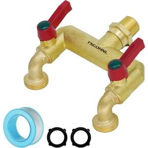 Outdoor Heavy Duty Brass Faucet, 2-Way Outlet, Horizontal, Widely Spaced (1/2" Male Inlet-2 Way Splitter)