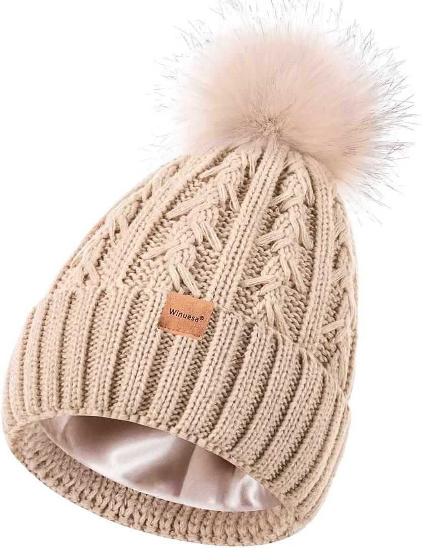 Winuesa Satin Lined Beanie for Women with Pom Pom, Fashionable Womens Winter Hats Silk Beanies, Cute Warm Knit Hat Skull Cap (Oatmeal)