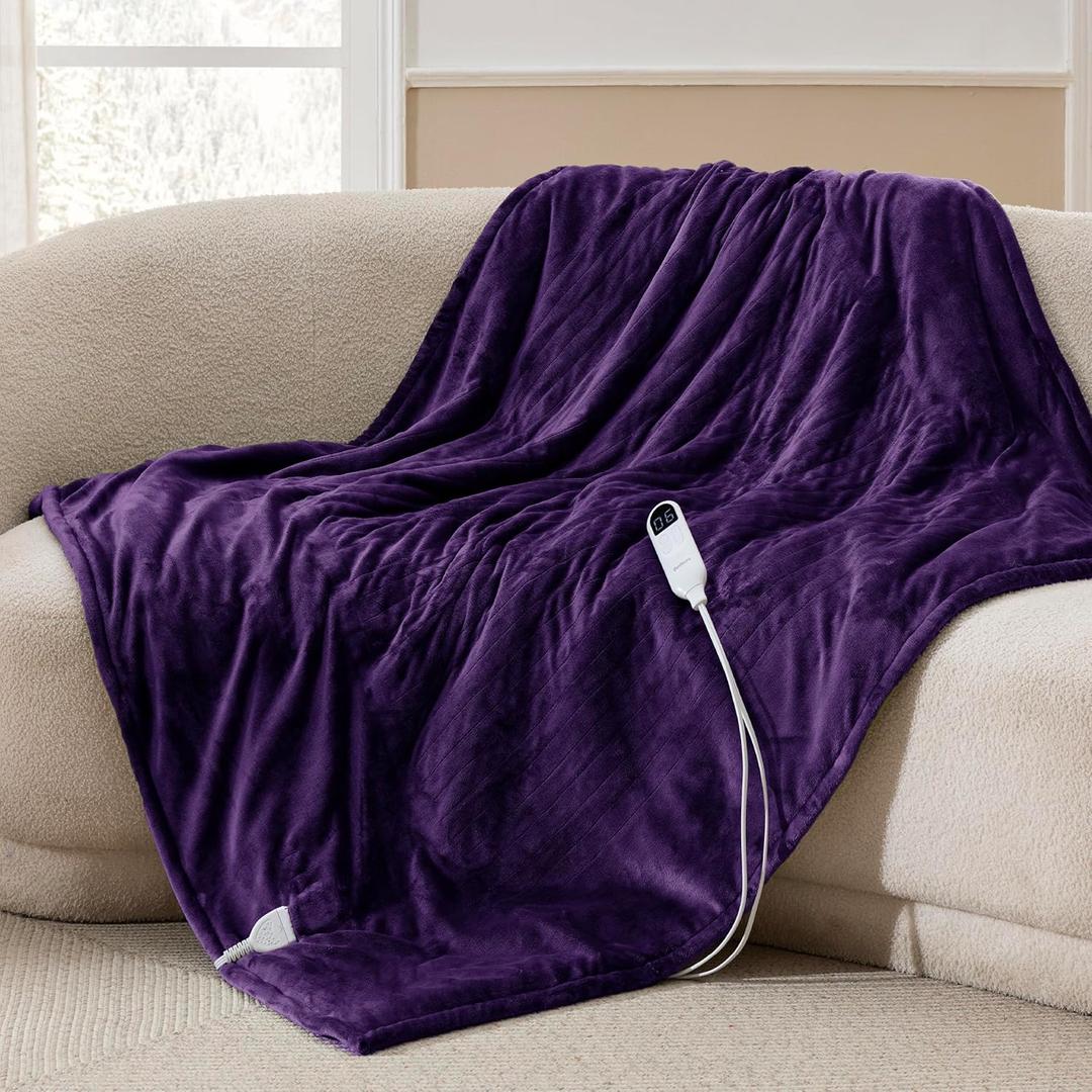 Bedsure Heated Blanket Throw Blanket - Fast Heating Electric Blanket, Soft Flannel Heated Throw with 4 Time Settings, 6 Heating Settings, Warm Gifts for Women Men (50x60 Inches, Purple)