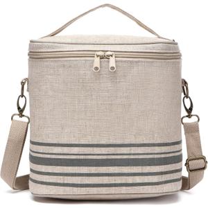 Lunch Bag for Women, Soft Linen Lunch bag with adjustable shoulder strap, Insulated Womens Lunch Bag for Work, Machine Washable Lunch Box with removable liner (Gray Stripe)