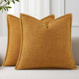 decorUhome Summer Decorative Throw Pillow Covers 20x20 Set of 2 Square Faux Linen Outdoor Neutral Farmhouse Pillow Covers with Stitched Edge for Couch Sofa Living Room, Bronze Gold