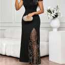 Verdusa Women's Sequin Mesh Wedding Guest Dress Ruched Long Dresses Elegant Concert Outfits Black Medium