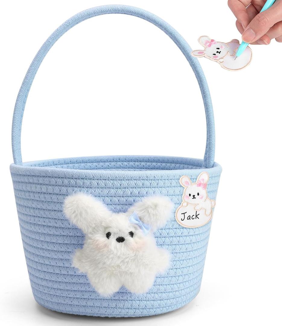 Pink Easter Basket for Kids, Reusable Woven Basket with Handle, Bunny Easter Gift Bag for Girls & Toddlers, Egg Hunt Bag (blue)