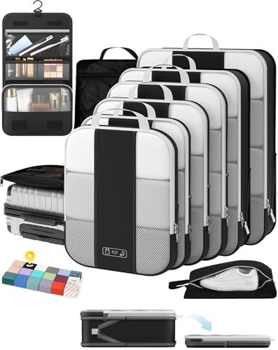 10 Set Compression Packing Cubes for Travel Essentials,Compressible Expandable Packing Cubes for Suitcase,OlarHike Luggage Organizer Bags for Travel,Handy Helper for Organizing Clothes(Black) M