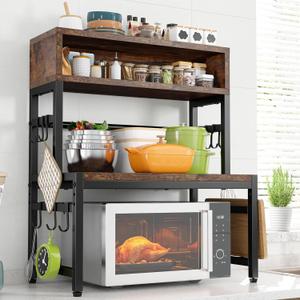 EnHomee Microwave Stand, 4-Tier with 9 Hooks for Kitchen Countertop Organizer, 205LBS Microwave Shelf, Adjustable Kitchen Shelves Microwave Stand with Storage and Microwave Oven Rack (Brown)