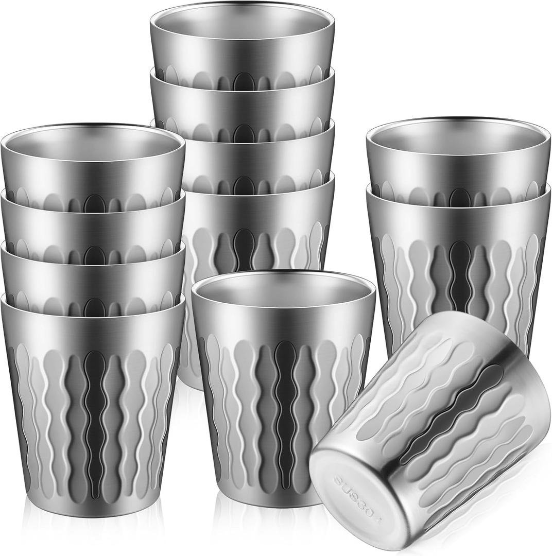 Skylety 12 Pcs Stainless Steel Cups Bulk 8.8 oz Silver Metal Drinking Cups Double Wall Tumbler Glasses Stackable Glasses Insulated Drinking Reusable Silver Camping Mug for Home BBQ Party