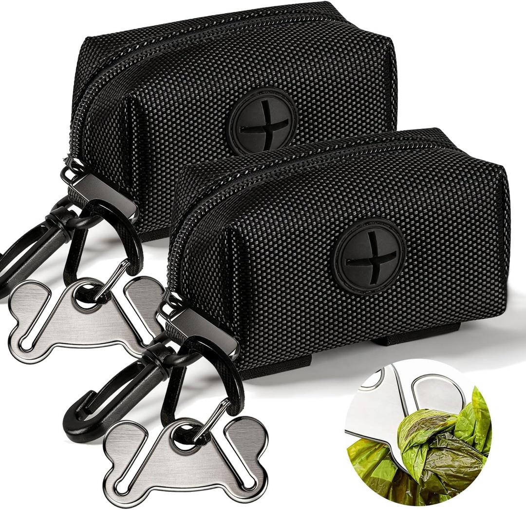 Dog Waste Bag Dispenser Pet Poop Bags Holder for Doggie Waste Bags Dispensers Soft Fabric Zipper Small Doggy Puppy Pouch for Leash Accessory Attachment with Carrier, 2PCS Black