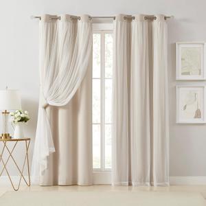 Bujasso Beige 80% Blackout Curtains with Sheer Overlay Mix and Match Double Layer Thermal Insulated Window Panels 108 inch for Living Room Bedroom Beige Drapes with Tiebacks Grommet Top 37" Wx108 Lx2