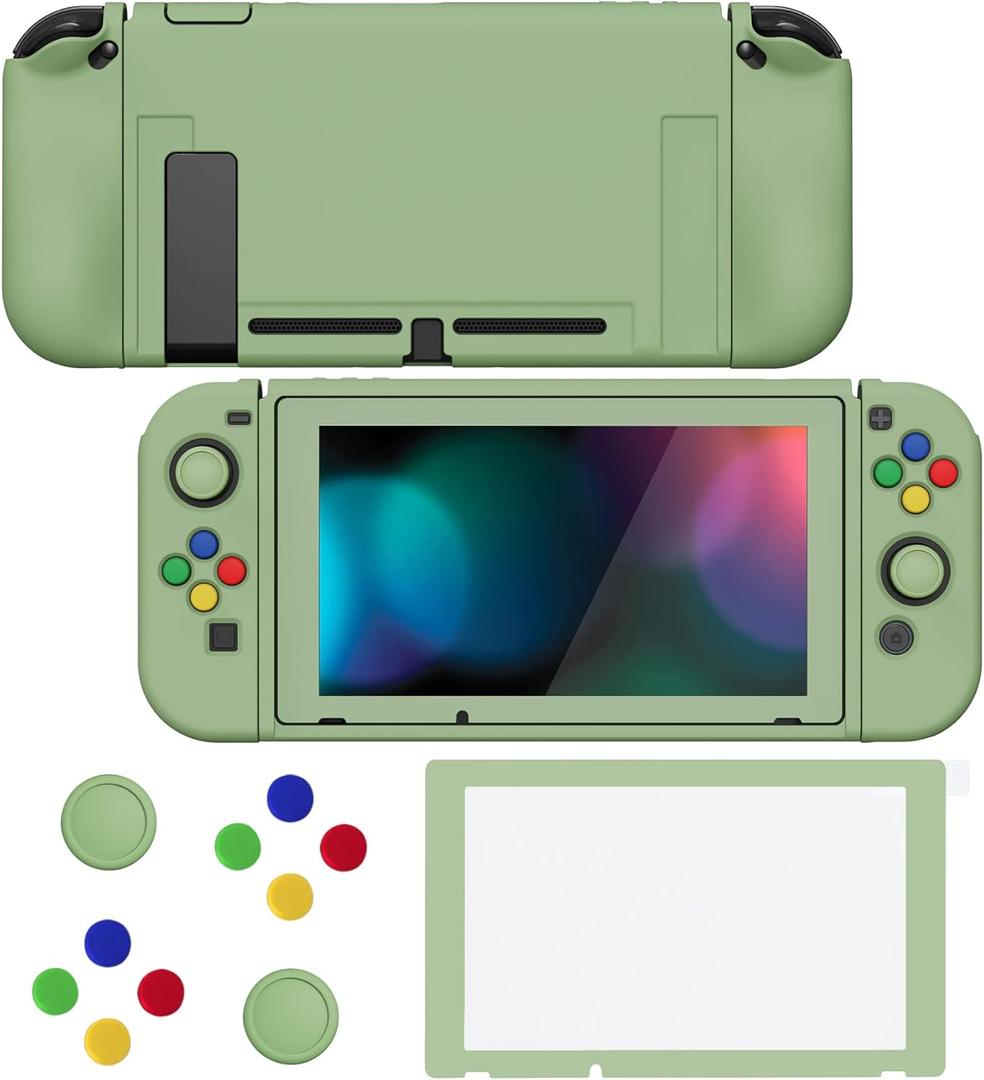 PlayVital ZealProtect Soft Protective Case for Nintendo Switch, Flexible Joycon Cover Slim Cover for Nintendo Switch with Screen Protector & Thumb Grip Caps & ABXY Direction Button Caps - Matcha Green