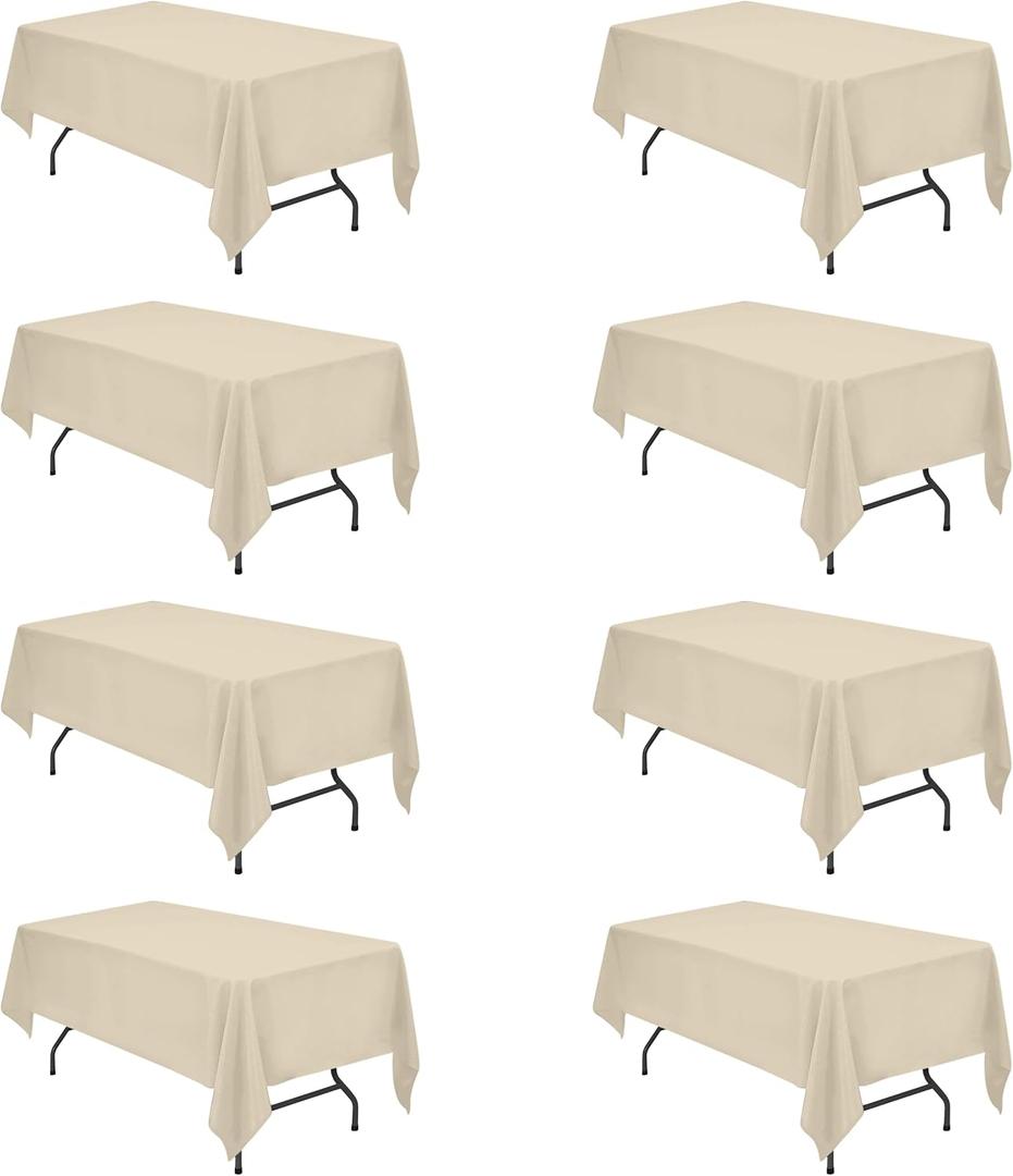 BRILLMAX 8 Pack Beige Tablecloths 60 x 102 Inch for 6ft Rectangle Tables - 150 GSM Polyester Fabric, 15" Standard Drop, Water, Stain & Wrinkle Resistant Cloth Cover for Wedding Banquet Dining Buffet