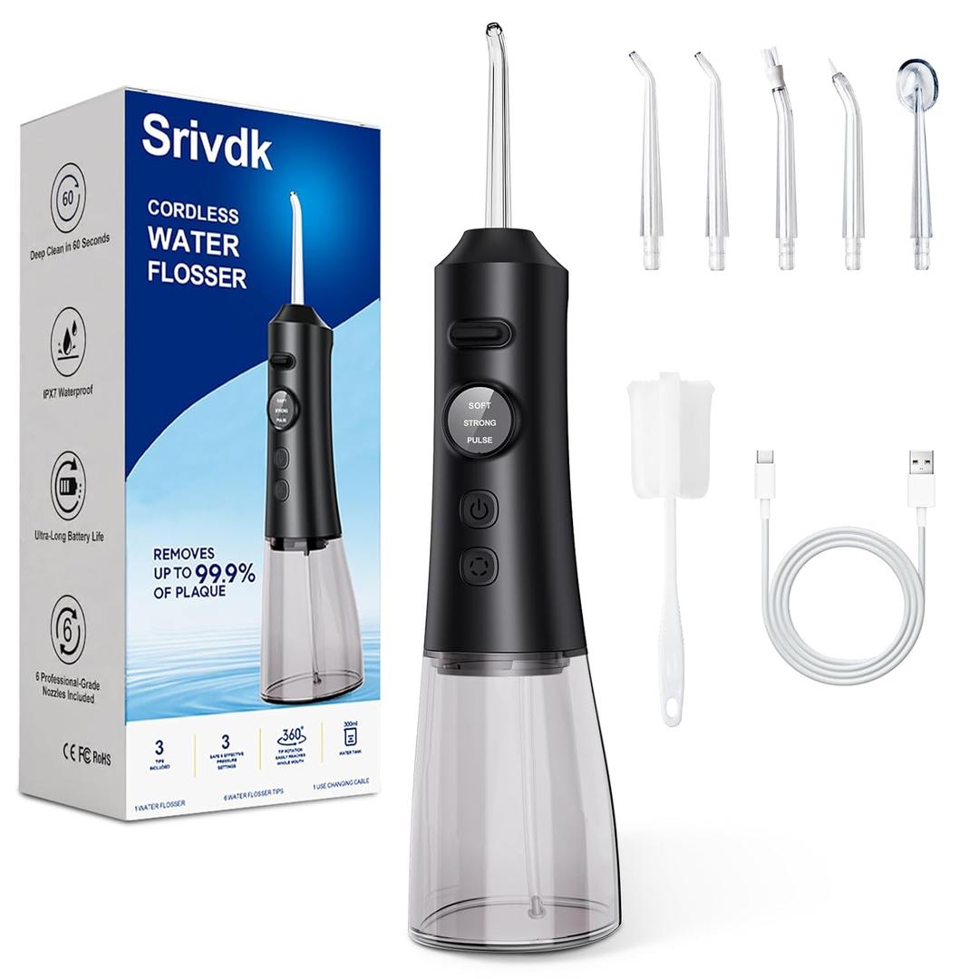 Water Dental Flosser for Teeth 300ML Cordless Oral Irrigator with 6 Replaceable Jet Tips, 3 Modes, Portable Rechargeable Electric Flosser for Braces & Sensitive Gums, IPX7 Waterproof for Home & Travel