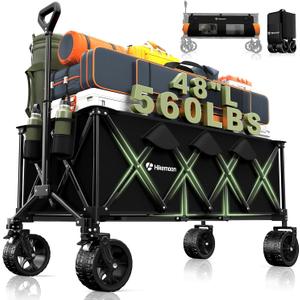 48"L Collapsible Wagon Cart Foldable, 560LB Weight Capacity 300L Heavy Duty Folding Beach Wagon with All-Terrain Big Wheel, Utility Wagon for Grocery, Shopping, Garden, Sports, Camping, Black (Balck)