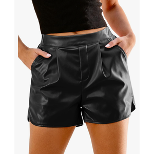 luvamia Faux Leather Shorts for Women High Wasited Pull On Pleated Side Slit Pleather Shorts with Elastic Waist Pockets,M
