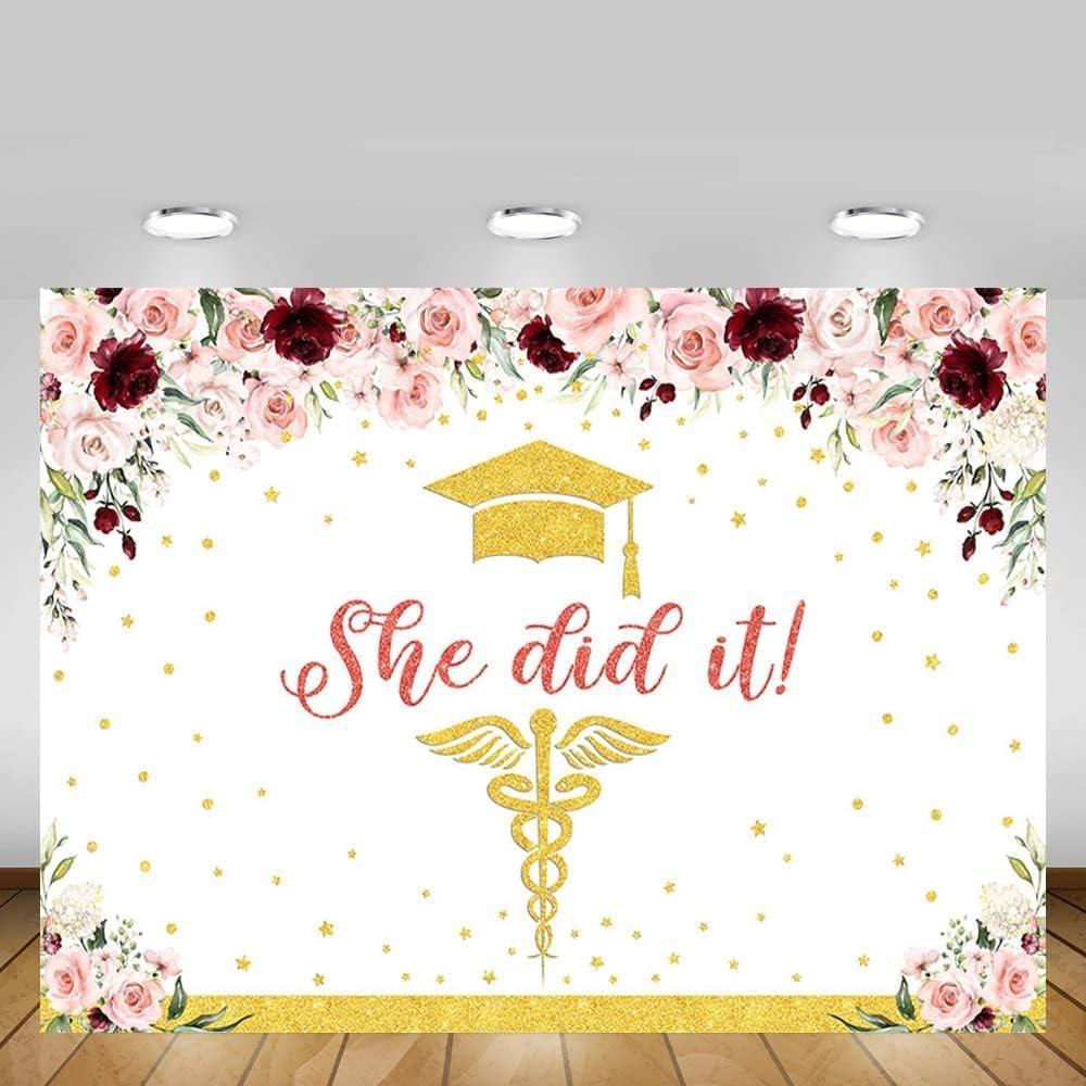MEHOFOND 8x6ft Nurse Graduation Backdrop Congratulations Graduates Rose Gold Congrats Grads She Did It Banner Glitter Gold Spots Floral Background Photo Booth Props