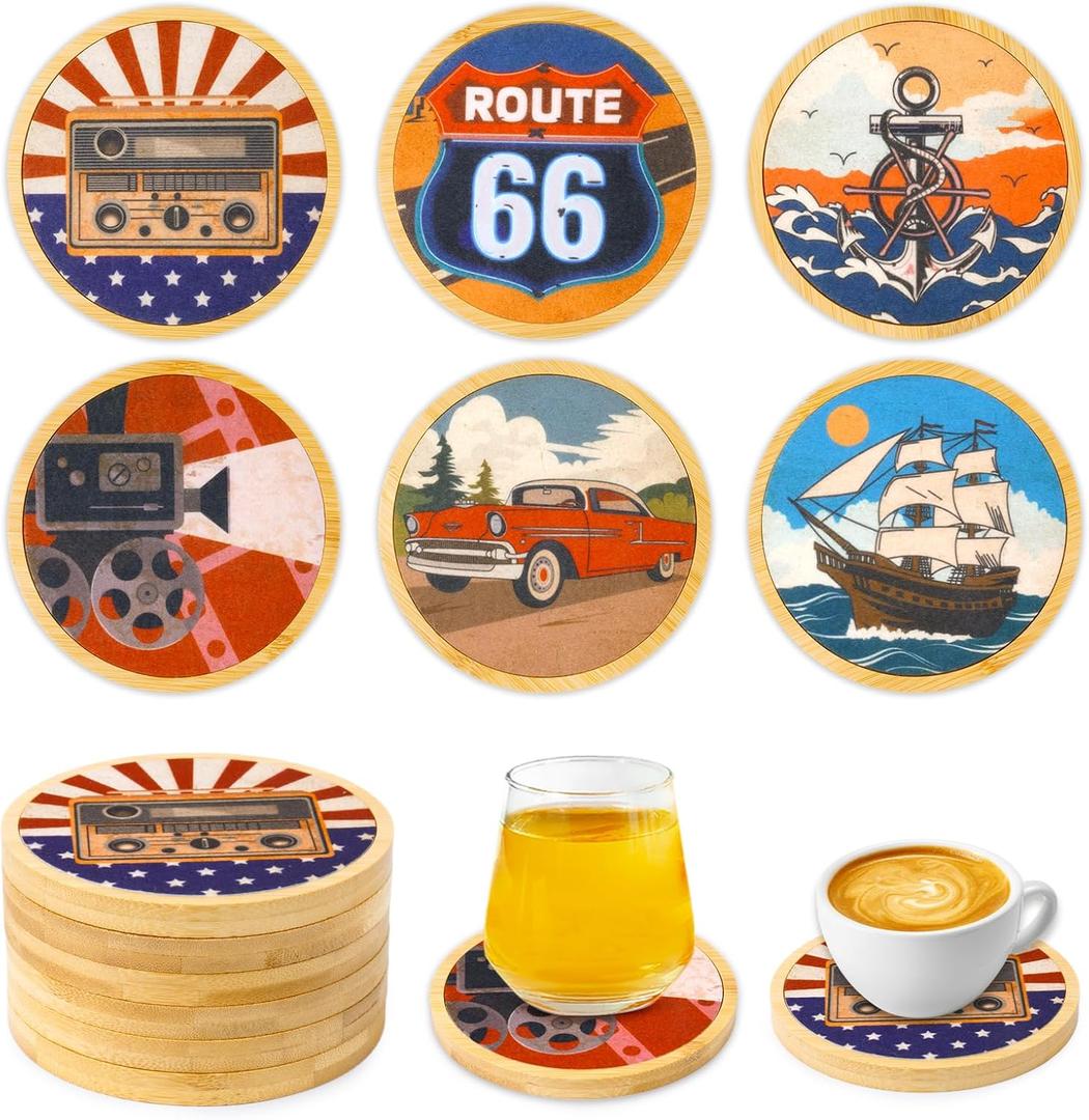 Leokawin Wood Coasters,Vintage Wood Coasters for Drinks,Absorbent Coaster Set of 6 for Coffee Tabletop Protection,Non-Slip,Non-Stick,Cute Cup Coaster for Home Office Coffee Bar Table
