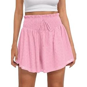 Caracilia Womens Summer Eyelet Mini Skirts High Waist Smocked Layered Ruffle Cute Boho Short Skorts 2026 Casual Beach Outfits Pink Small