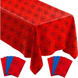 12Pcs Spider Theme Tablecloths Disposable Hero Party Plastic Table Cover Large Rectangle Red Blue Spiderweb Table Cloth for Kids Boys Spider Birthday Party Decorations Baby Shower Supplies 108x54 Inch