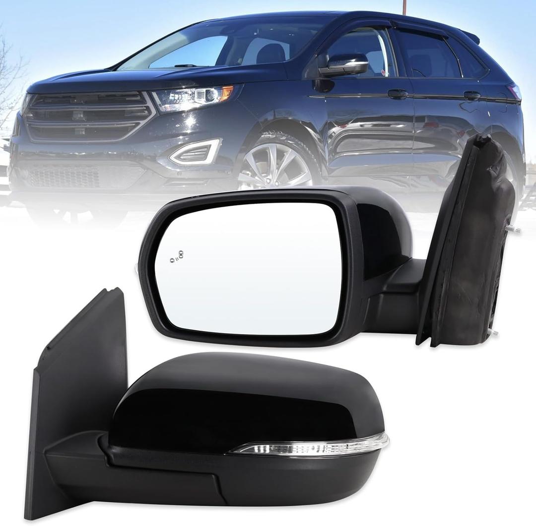 Left Driver Side Mirror Fits 2015 2016 2017 2018 2019 2020 2021 2022 2023 2024 Ford Edge With Manual Folding Heated Turn Signal Puddle Light Blind Spot Black Replace#JT4Z-17683-FB(9Pins)