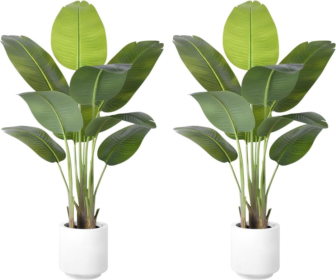Artificial Bird of Paradise Plant 4Ft Tall Fake Tropical Palm Tree Large Fake Plants with 9 Silk Banana Leaves Faux Plant Indoor Decor Trees with White Pot for Home Bedroom Living Room Office 2 Pcs