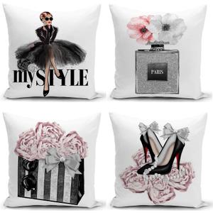 Set of 4 18x18 Pink Throw Pillow Covers Couch Bed Decorative Pillow Covers Fashion Girls Silver Perfume Flowers Cute Accent Pillow Covers Bedroom Black White Velvet Pillowcases (Pink and Gray)