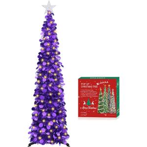 HMASYO 6 FT Pop Up Christmas Tree with 100 LED Lights & Remote, Purple Christmas Tinsel Tree, Collapsible Artificial Pencil Tree for Home Office Party Decor, USB Powered Timer Lights, Easy Assembly