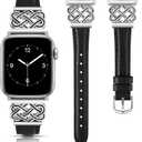 TOYOUTHS Compatible with Apple Watch Bands Women 42/44/45/46/49mm Dressy Slim Leather Strap with Celtic Knot Interlock Buckle Bracelet for iWatch Series 11 10 9 8 7 6 5 4 SE/Ultra 3 2 1, Black/Silver