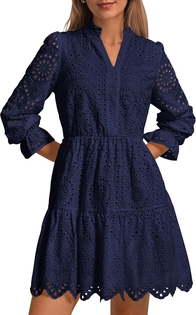PRETTYGARDEN Women's Spring 2025 Long Puff Sleeve Mini Dress Hollow Out Lace V Neck A Line Ruffle Casual Party Dresses (Navy, Medium)