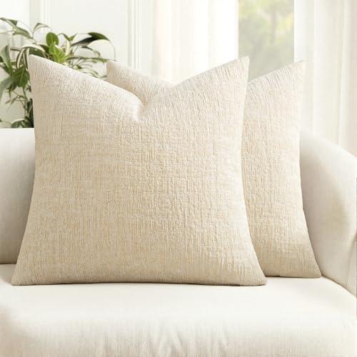 MIULEE Decorative Throw Pillow Covers 20x20 Pack of 2 Beige Couch Pillow Covers Soft Cozy Textured Chenille Pillowcases for Home Decor Sofa Living Room Cushion Bedroom