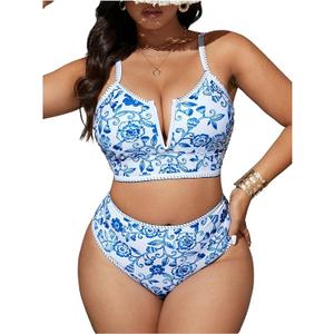 Floerns Women's Plus Size Bikini Set Floral Print V Neck High Waisted 2 Piece Beachwear Blue and White 3X Large Plus