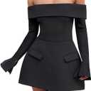 Women Sexy Mini Dress Off Shoulder Long Sleeve A Line Dress Short Formal Dresses Party Clubwear, XL