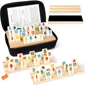 Rummy Cube Set, 2026 New 6 Player Edition with 6 Wooden Racks/Trays, 160 Large Numbers Rummy Melamine Tiles with Zippered Case, Rummy Travel Game Set - Classic Board Games for Family Adults Kids
