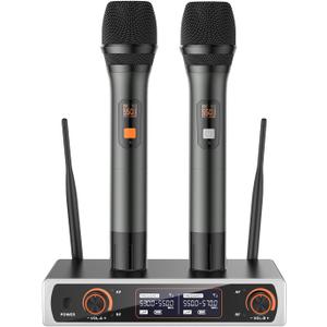 Wireless Microphones, Metal Dual UHF Cordless Handheld Microphone System, Suitable for Family Karaoke, Speaker, Party, Conferences, Wedding, Church, 260 ft (T-023).