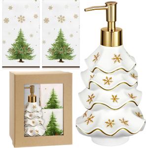 Teenyyou Christmas Soap Dispenser and Towel Set Tree Hand Soap Dispenser with 2 Hand Towels Refillable Lotion Essential Oil Dispensers with Pump for Christmas Bathroom Kitchen (Gold White)
