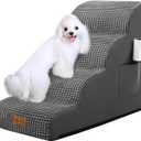 Dog Stairs for Small Dogs, Wide Pet Step with Removable Cover, No Assembly High Density Foam Cat Ramp for Bed or Sofa, 4-Step, Dark Grey (15.7x28.3x19.7in)